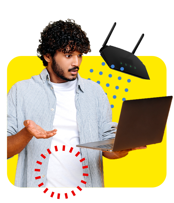 Man with laptop and router